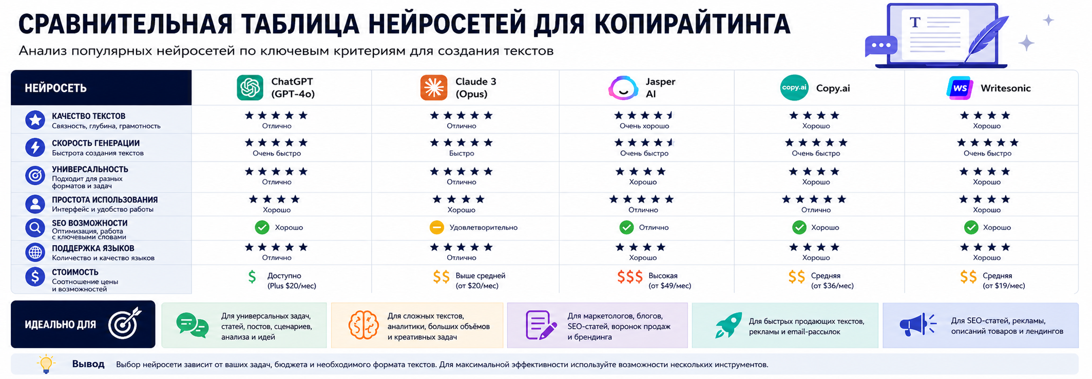 Сравнительная таблица нейросетей для копирайтинга в виде инфографики