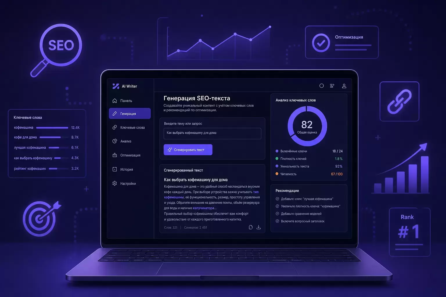 Интерфейс нейросети для SEO на ноутбуке с иконками поисковой оптимизации на фиолетовом фоне